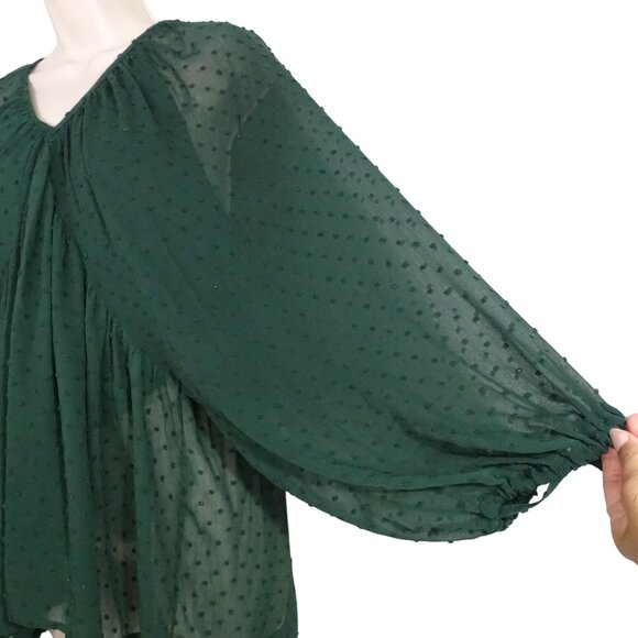 Entro Green Sheer Swiss Dot V-Neck Long Sleeve Blouse Top Women Size L - Picture 2 of 8